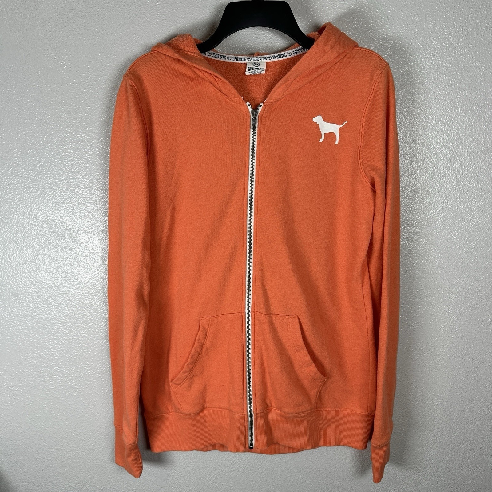 Vintage Y2k Victoria's Secret Pink Full Zip Up Hoodie Size Small Orange Dog Logo